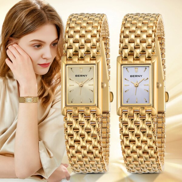 BERNY Gold Watch for Women Square Ladies Quartz Wristwatches Stainless Steel Women Small Gold Watch Luxury Casual Fashion Watch