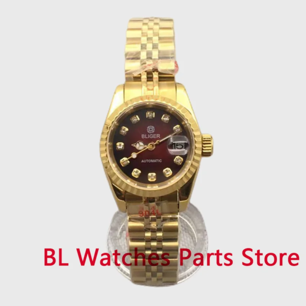 BLIGER 26mm Women Mechanical Watch Gold Case Japan NH05A Movement Sapphire Crystal Stainless Steel Fluted Bezel Jubilee Strap