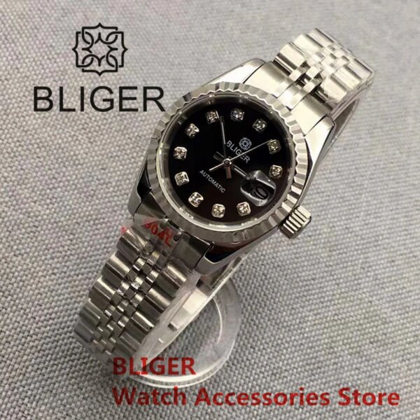 BLIGER 26mm Women Mechanical Watch Japan NH05A Movement Sapphire Crystal Silver Case Stainless Steel Fluted Bezel Jubilee Strap