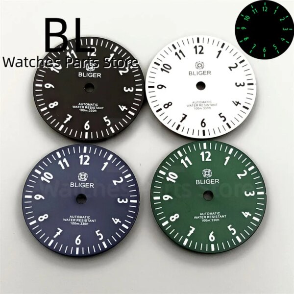 BLIGER 29mm Watch Dial 12 Hours Index Black Green Blue White Dial Green Luminous Fit NH35 ETA 2836 Miyota 8215 DG2813 3804 Movte