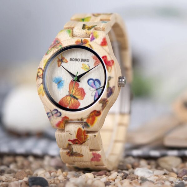 BOBO BIRD Butterflies Women Watches with Original Bamboo Wooden Case Watch Ladies Quartz Drop Shipping Customized OEM L-O20