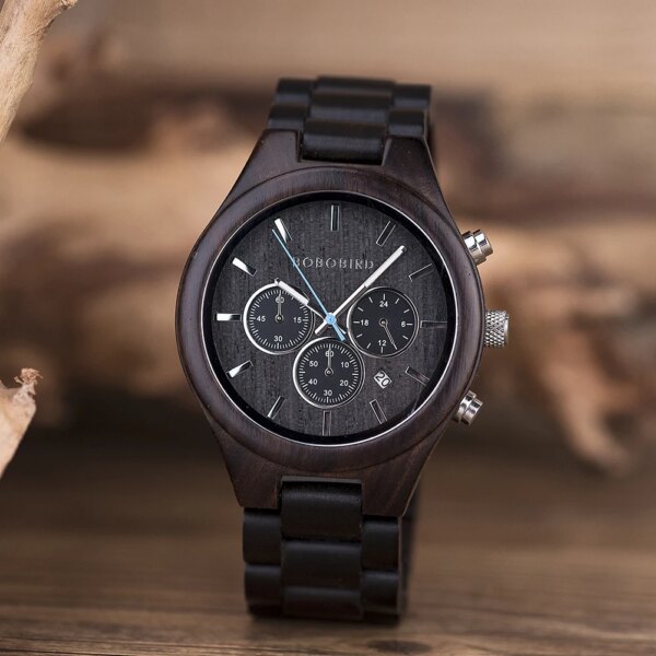 BOBO BIRD Ebony Wood Men's Watch Luminous Hand Wristwatches Chronograph Calendar Fashion Male Clock Gift montre homme Customized