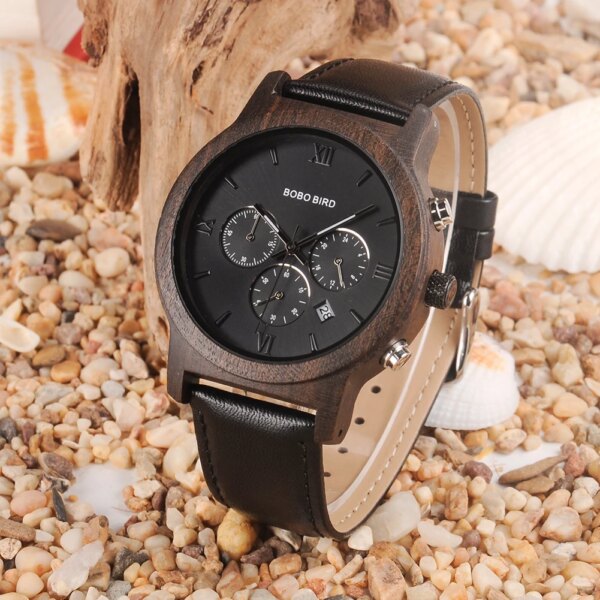 BOBO BIRD Men's Wood Watch Leather Strap Quartz Wirst Watches Stop Chronograph With Date Display relogio masculino Custom Gifts