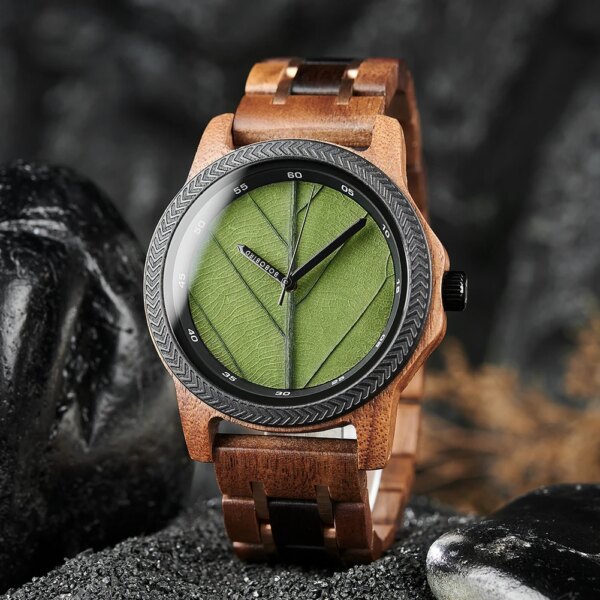 BOBO BIRD Men's Wood Watch with Genuine Leaf, Natural Handmade Watches, Wooden Gift for Anniversary, 45mm Stylish Mens Watch