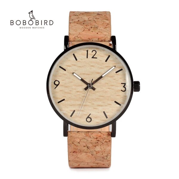 BOBO BIRD Mens Watches Wood Grain Dial Stainless Steel Case Quartz Watch with Soft Cork Bandfor Men as Gift Item