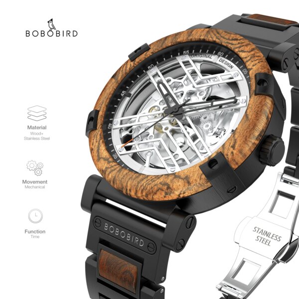 BOBO BIRD New Mechanical Wristwatch for Men 45mm Luxury Skeleton Automatic Watch Wood and Stainless Steel Combined X Series