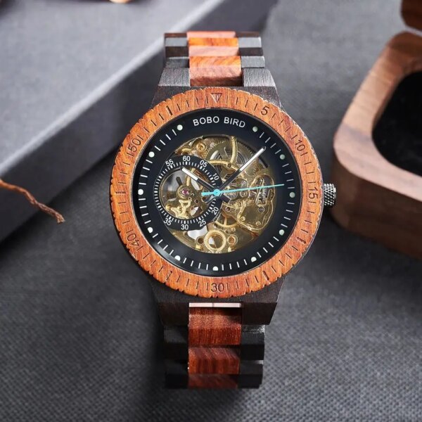 BOBO BIRD Sandalwood Men's Automatic Watches Self-wind Mechanical Watch Hollowed Support Customized Drop Shipping