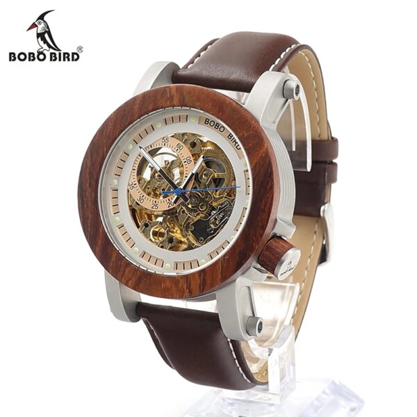 BOBO BIRD V-K12 Red Sandalwoo Bezel Mechanical Wristwatches Stainless Steel Case Skeleton Automatic Watch for Men in Gift Box