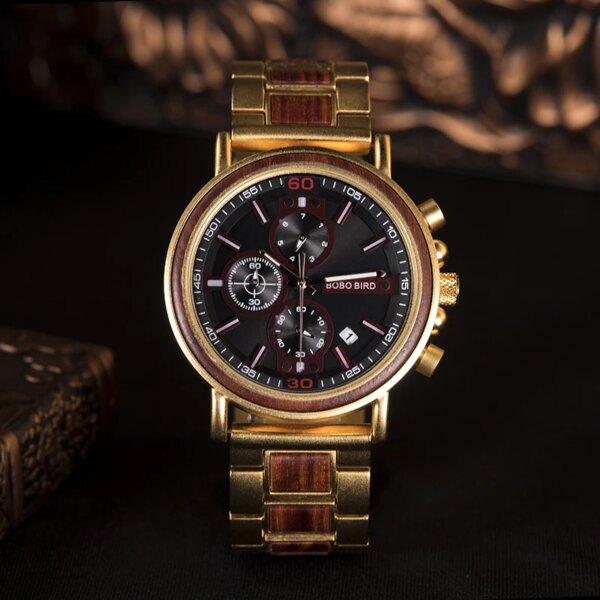 BOBO BIRD Watches Male Wristwatch Customize Chronograph Date Display Waterproof relogio masculino Wood Box Gift  For Dad