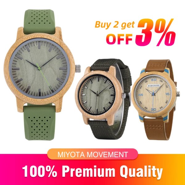 BOBO BIRD Wood Watch for Men Women Japan Analog Quartz Wristwatches 44mm Causal Green Leather Custom Watches relogio masculino