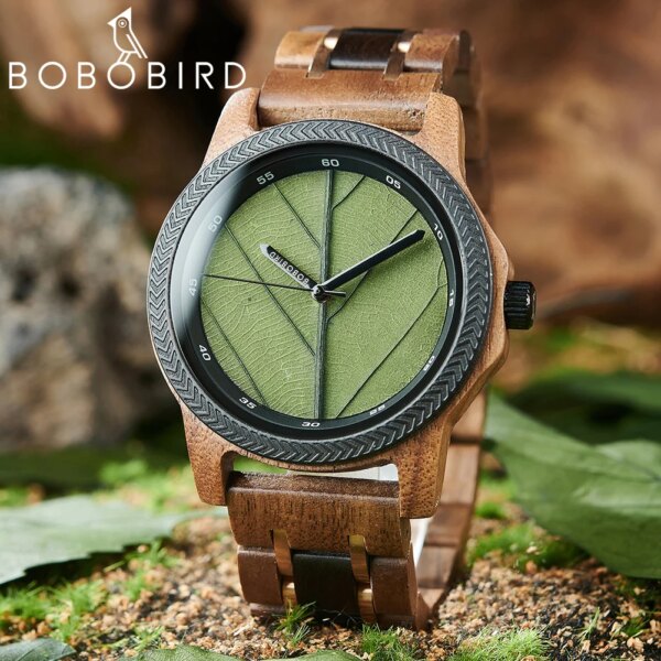 BOBO BIRD Wooden Men Watches Handmade Leaf Dial Custom Blessing Natural Wristwatch Distinctive Wooden Gift Support Dropshipping