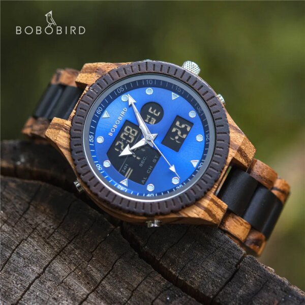 BOBO BIRD Wooden Men's Watch Quartz & Digital Dual Display Watches for Men Clock Chronograph Wristwatch Customized Dropshipping