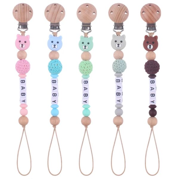 Baby Nursing  Personalized Name Silicone Teething Toys Chew Gifts Chain Pacifier Clips Beech Wood Nipple Clip for Silicone