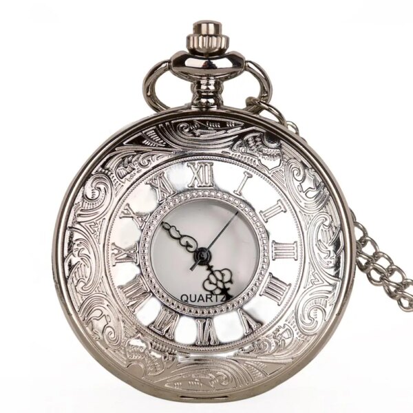 Best Sales Silver Stainless Steel Roma Number Quartz Pocket Watch Necklace for Men Women Gifts