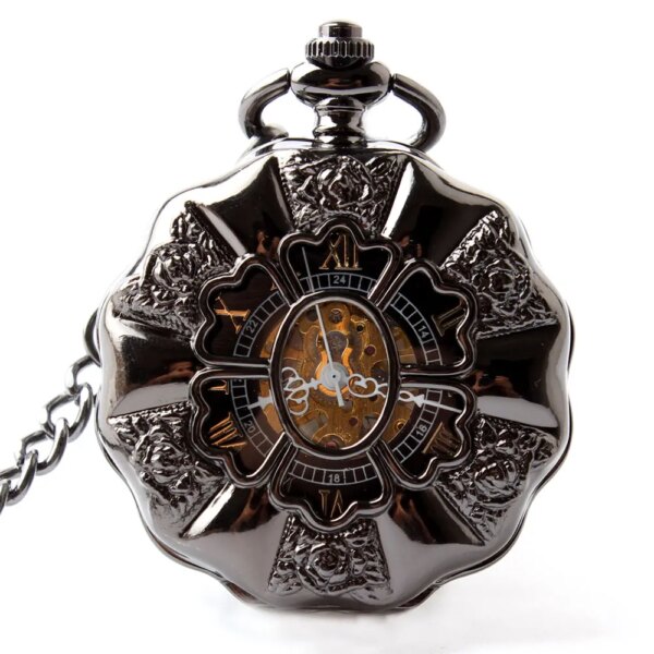 Black Full Steel Luminous Mechanical Pocket Watch Steampunk Vintage Hollow Analog Skeleton Hand Winding Mechanical Pocket Watch