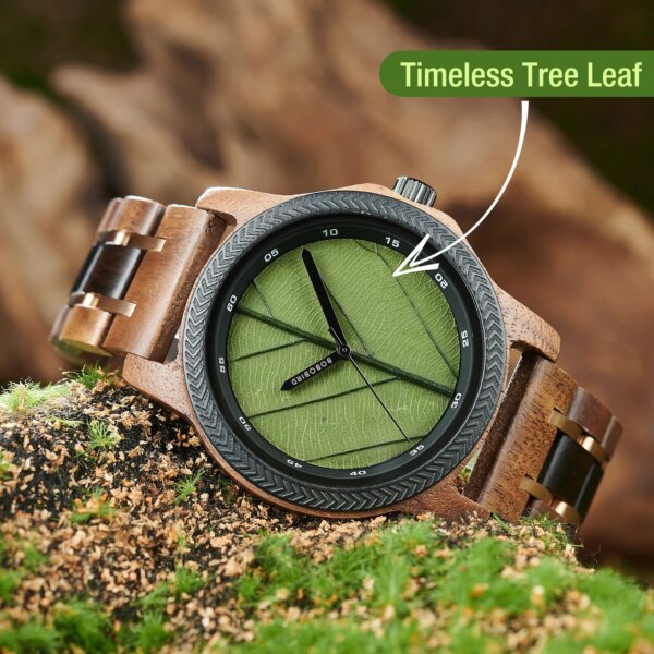 Bobo Bird Men's Quartz Watch Genuine Leaf Dial Wooden Wristwatch Clock Birthday Anniversary Personalized Custom Gift