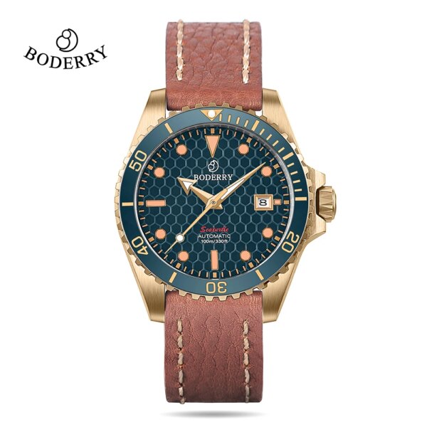 Boderry Bronze Watches Titanium Diver Luxury Wristwatch Automatic Mechanical Wristwatch Sport 100M Waterproof FKM Rubber Straps