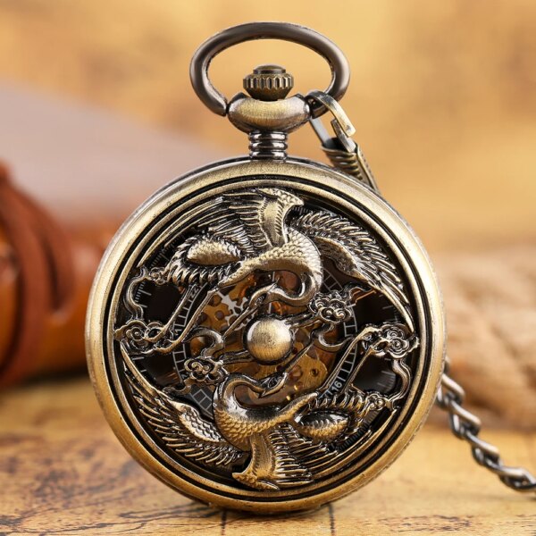 Bronze Automatic Mechanical Pocket Watch Openwork Phoenix Case Pendant Clock Vintage Self Winding Pocket Watches Necklace Gifts