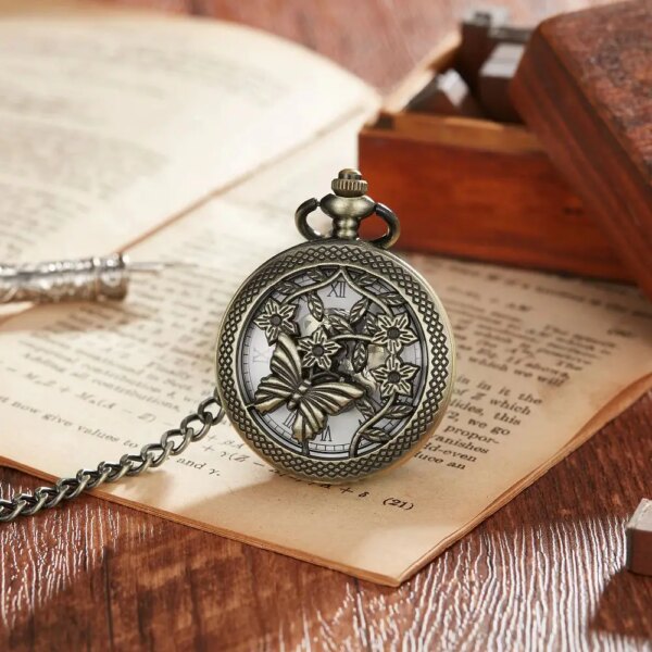 Bronze Butterfly and Flower Retro Style Necklace Pocket Watch Chain Steampunk Pendant Mechanical Fob Watch Clock with Accessory