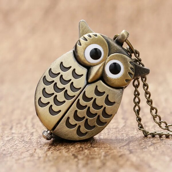 Bronze Copper Vintage Cute Mini Small Night Owl Quartz Pocket Watch Women Girl Lady Necklace Pendant Chain Birthday Gift P27