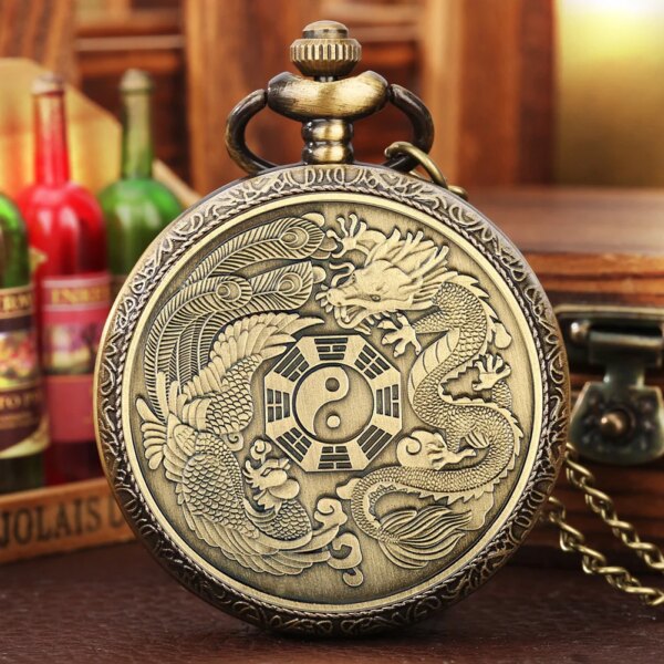 Bronze Dragon Phoenix Necklace China Style Gossip Pendant Necklace Pocket Watch Lucky Amulet Peace Mascot Gifts for Women Men