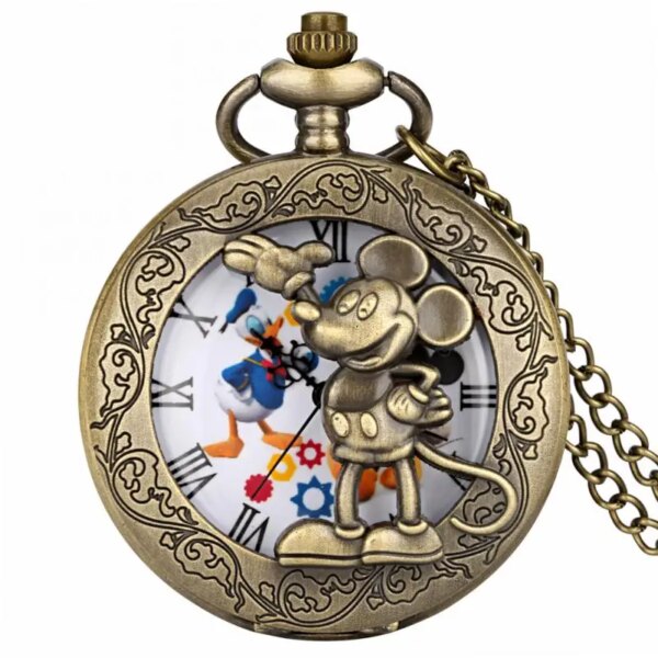 Bronze Hollow Anime Clock Comic Cartoon Quartz Pocket Watch  Pendant FOB Antique Clock with 80cm Necklace/30cm Waist Hook Chain