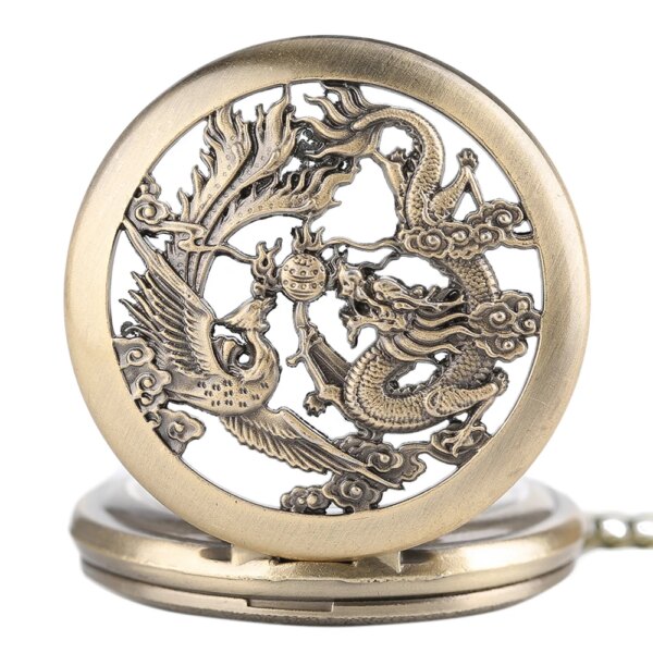 Bronze Hollow Dragon Phoenix Quartz Analog Pocket Watch with Necklace Chain Vintage Gift Timepiece Men Women