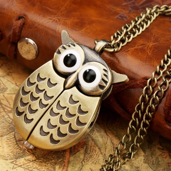 Bronze Mini Owl Keychains Animals  Quartz Pocket Watch Men Fans Souvenir Gifts with 80cm Neck Chain Gift Watch