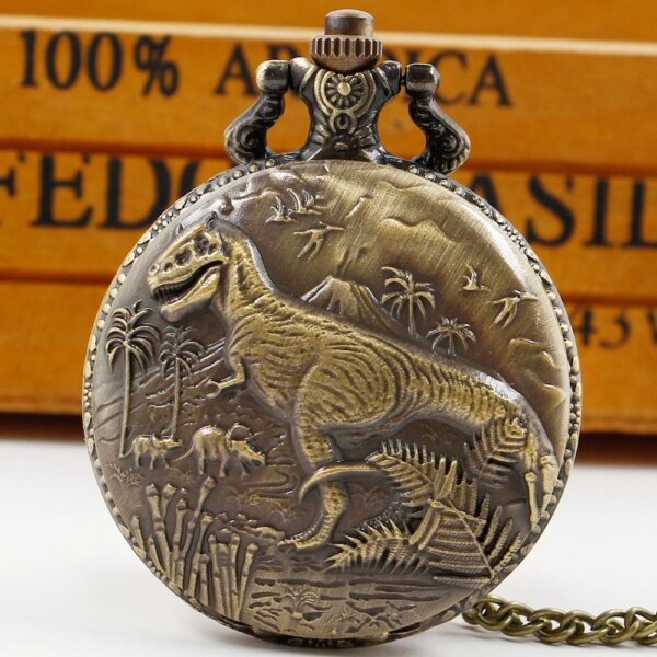 Bronze Retro 3D Dinosaur Sculpture Design Quartz Pocket Watch Necklace Top Gifts Pendant Clock FOB Chain Souvenir