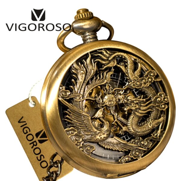 Bronze Steel Vintage Retro Steampunk Skeleton Designer Dragon&Phoenix Mechanical Hand Wind Pocket Watch FOB Chain Clock