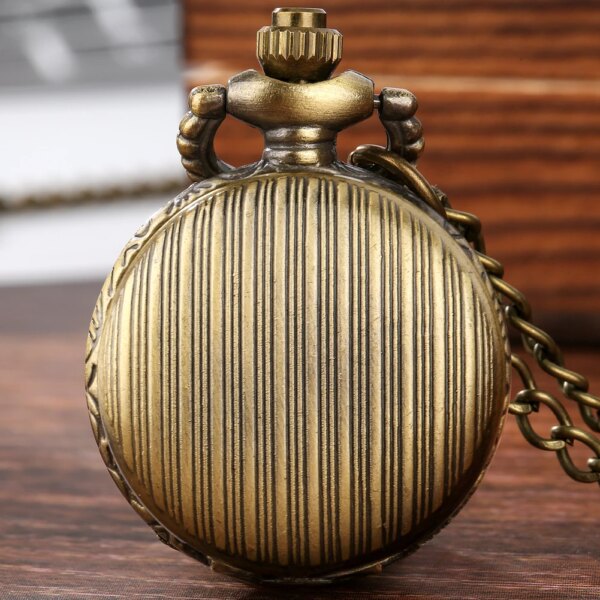 Bronze Stripes Elegant Retro Necklace Watch for Women Kids Flower Pattern Back Cover Sweater Chain Pendant Vintage Pocket Clock