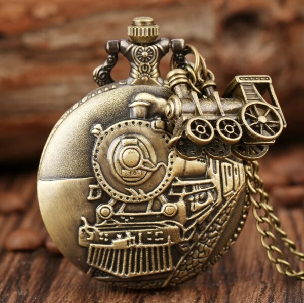 Bronze Train Locomotive Engine Quartz Pocket Watch Retro Necklace Pendant Chain Best Gifts for Men Women with Train Accessory