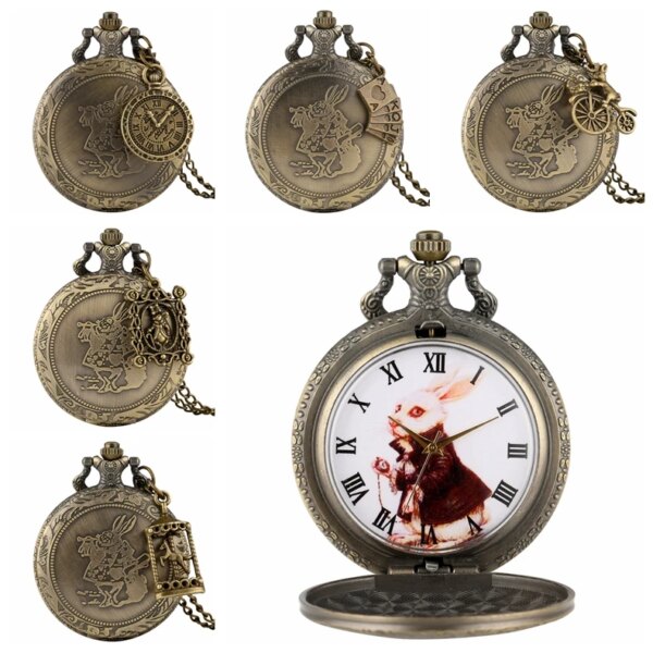 Bronze Women Watches Cute Rabbit Quartz Pocket Watch Pendant Necklace Chain Clock Girls Kids Gifts with Carousel Accessory