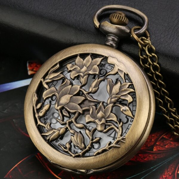 Bronze hollow flower quartz pocket watch necklace pendant vintage sweater chain woman's Christmas gift