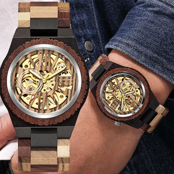 Business Mechanical Men Wooden Watch Skeleton Golden Roman Numeral Dial Automatic Self-Wind Wooden Strap Luminous Gift for Men