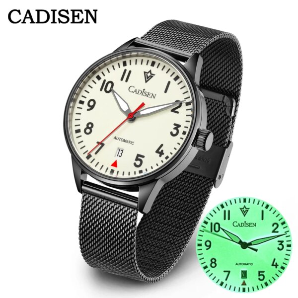 CADISEN Automatic Watch Men Luminous Stainless Steel Self-Wind Wristwatch NH35A Sapphire Waterproof Mesh Belt Mechanical Watch