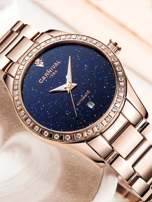 CARNIVAL Luxury Brand Starry Sky Automatic Mechanical Rose Gold Watches Women New Date Waterproof Ladies Watch Reloj Mujer