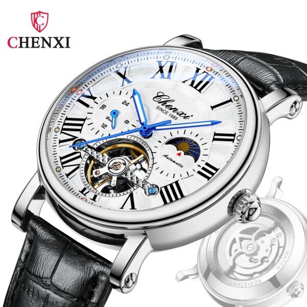 CHENXI Brand Luxury Watch Men Leather Strap Business Fashion Skeleton Automatic Mechanical Watches For Men Waterproof Clock