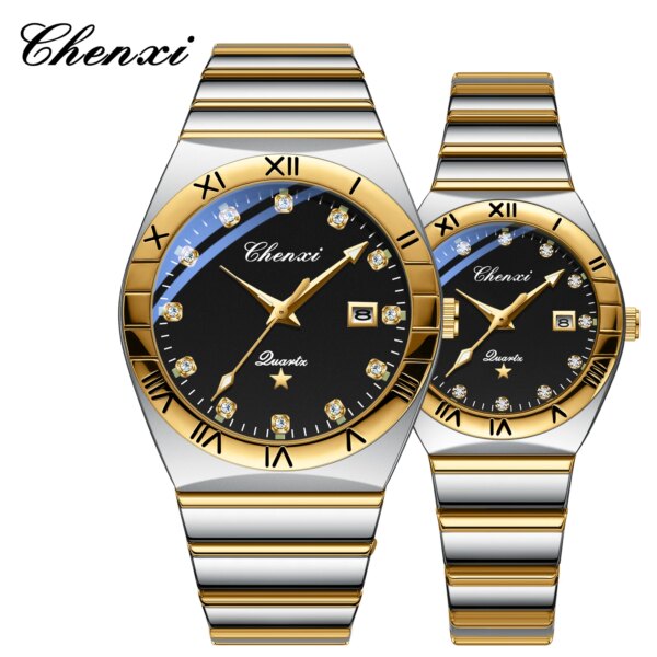 CHENXI Couple Luxury Quartz Watch Gold Stainless Steel Ladies Wristwatch High Quality Casual Waterproof Man Watch Gift For Wife