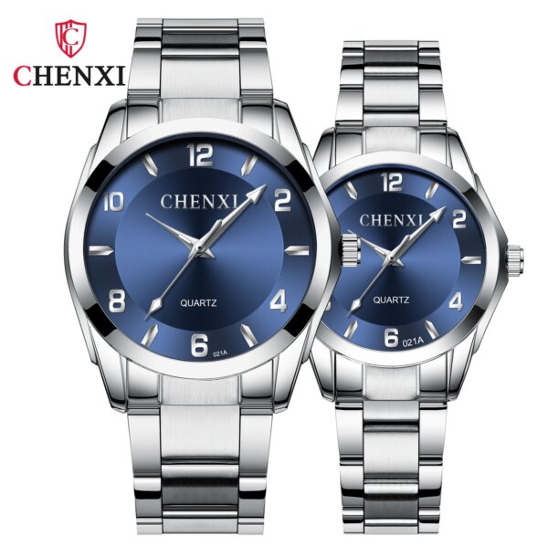 CHENXI Couple Watch Silver Stainless Steel Strap Clock Fashion Men Women Waterproof Quartz Wristwatch Gifts His Hers Watch Sets