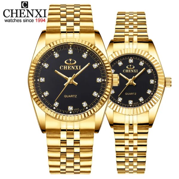 CHENXI Luxury Couple Watch Golden Fashion Stainless Steel Lovers Watch Quartz Wrist Watches For Women & Men Analog Wristwatch