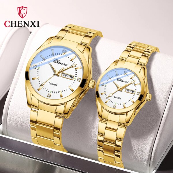 CHENXI Watches Sets Golden Stainless Steel Strap Fashion Dress Watch for Men Waterproof Luxury Couple Watches Pair Men And Women