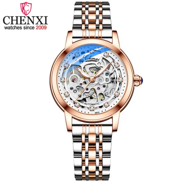 CHENXI Women Automatic Mechanical Watch Top Brand Luxury Stainless Steel Waterproof Wrist Watch Ladies Skeleton Tourbillon Clock