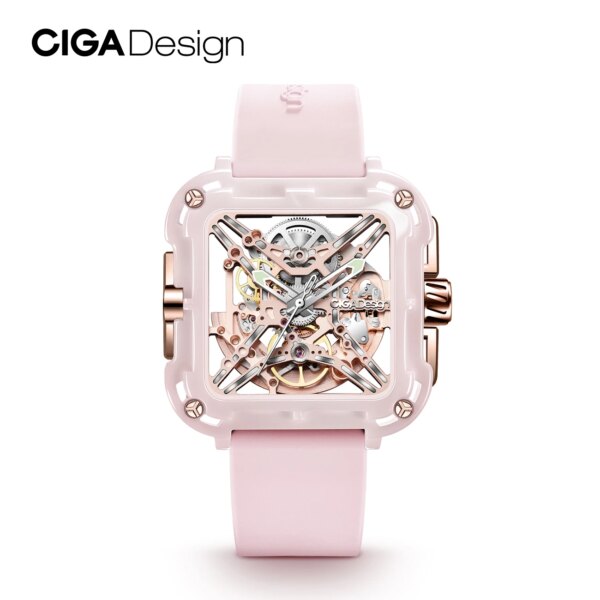 CIGA Design X Series Pink Ceramic Automatic Watch for Women 2024 Fashion Skeleton Mechanical Wrist Watches Soft Silicone Strap