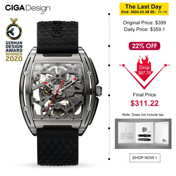 CIGA Design Z Series Skeleton Mechanical Titanium Watch for Men 2024 Luxury Automatic Movement Tonneau Wrist Watches Timepiece