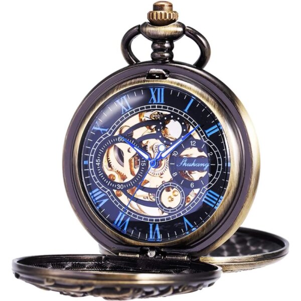 CMS Antique Mechanical Pocket Watches for Men Lucky Dragon Phoenix Pocket Watch with Chain Black Skeleton Dial Roman