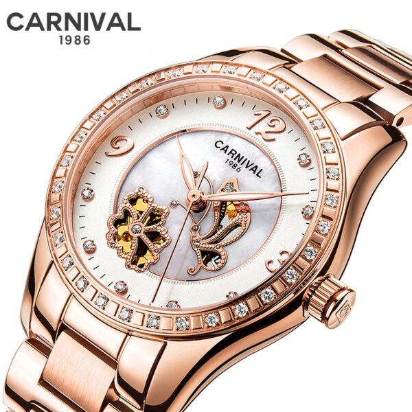 Carnival Brand Fashion Skeleton Mechanical Watch for Women Luxury Rose Gold Stainless Steel Bracelet Womens Watches Reloj Mujer