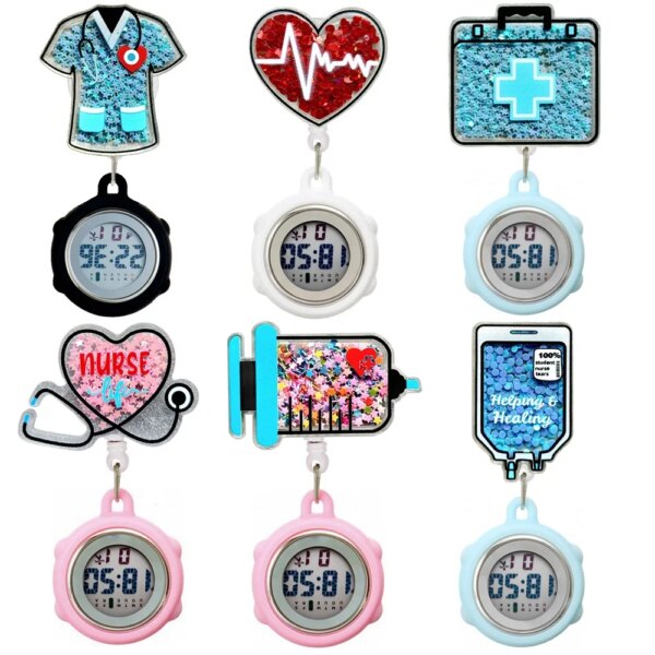 Cartoon Lovely Cute Shiny Quicksand Nurse Doctor Hospital Medical Supplies Retractable Badge Reel Hang Clip Pocket Watches Clock