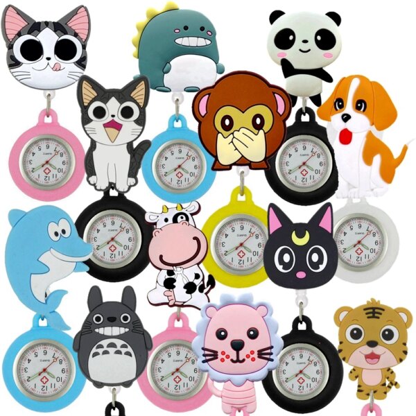 Cartoon Nurse Doctor Retractable Lovely Cute Animals Clip Badge Reel Hanging FOB Pocket Watches Hospital Medical Clock Gifts