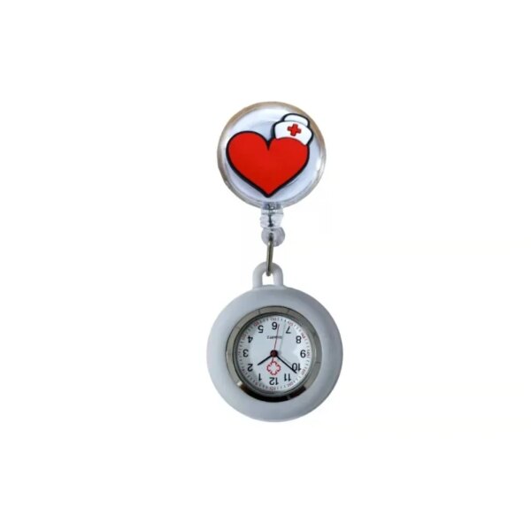 Cartoon Red Cross Retractable Badge Reel Pocket Watches for Nurse with Colourful Silicone Case for Medical Workers